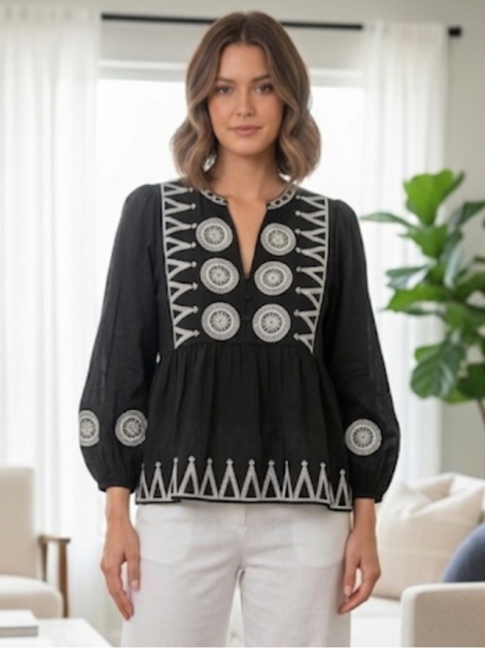 Black Boho Embroidered Maxi top with White Medallions